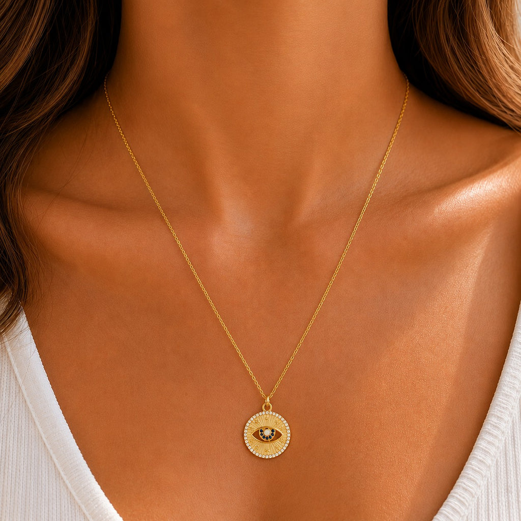 Sparkling Sapphire Evil Eye Medallion Necklace