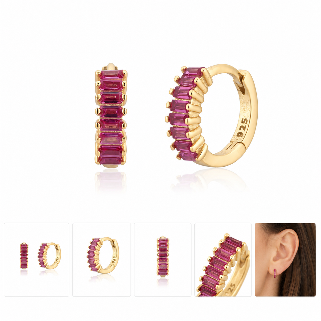 Cerise Pink Baguette Huggie Hoops