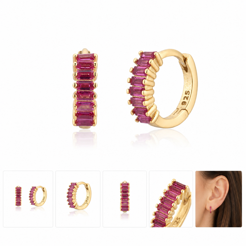 Cerise Pink Baguette Huggie Hoops