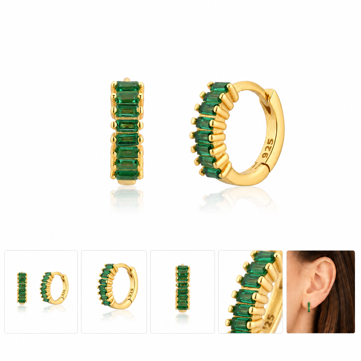 Emerald Green Baguette Huggie Hoops