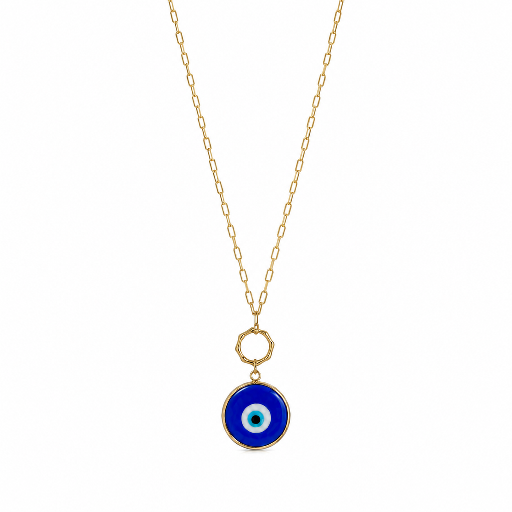 Cobalt Blue Glass Evil Eye Paperlink Pendant Necklace