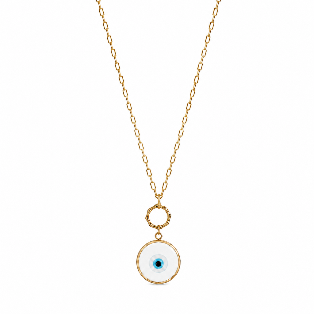 White Glass Evil Eye Paperlink Pendant Necklace