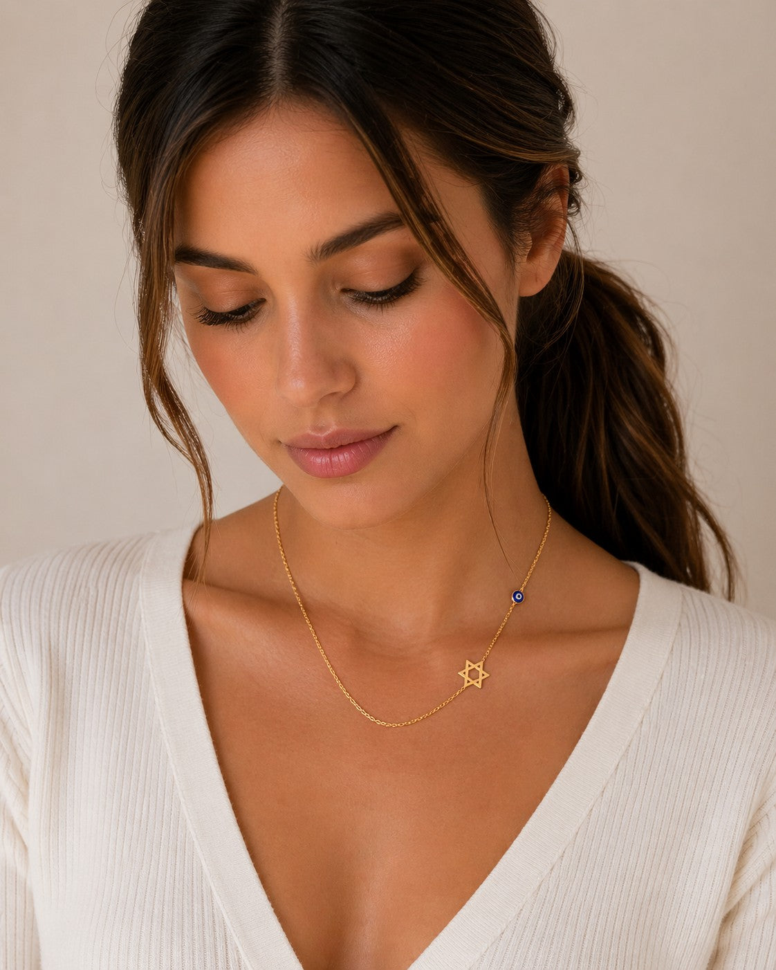 Sideways Star of David & Evil Eye Necklace